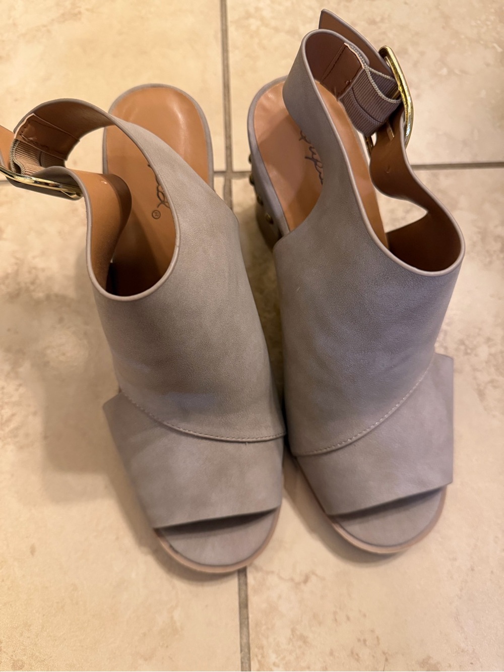 Qupid Taupe Open-Toe Slingback Wedge Heels